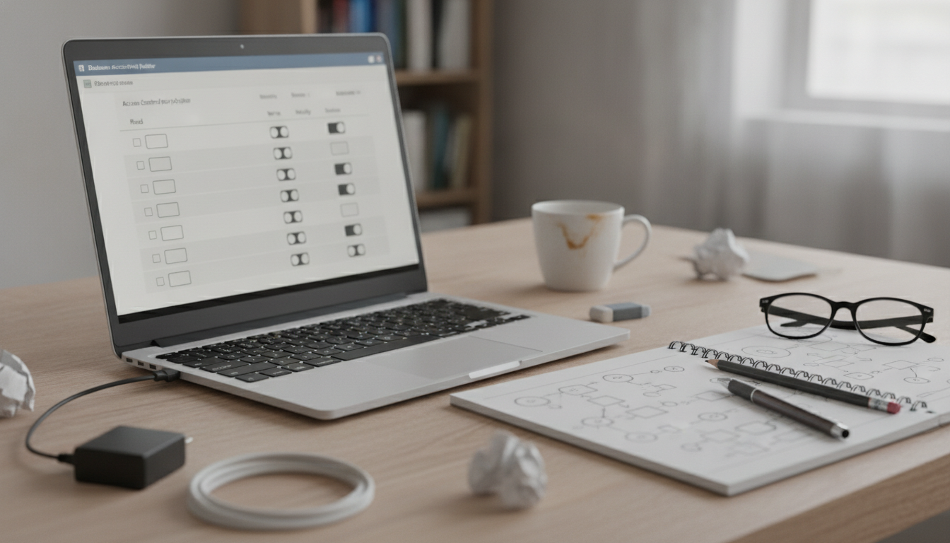 A laptop screen showing a database access-control policy editor beside a notebook with handwritten diagrams