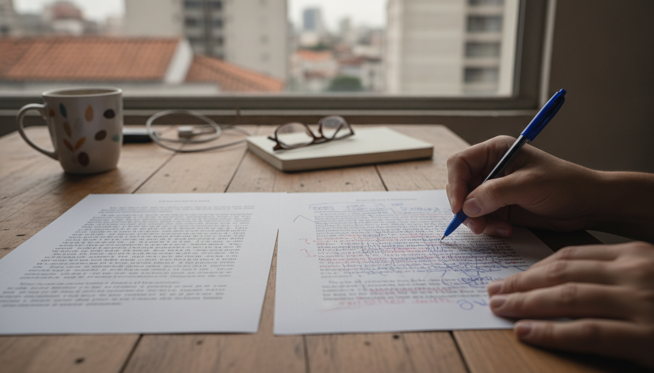 a close-up of two printed paragraphs side by side on a desk, one heavily annotated