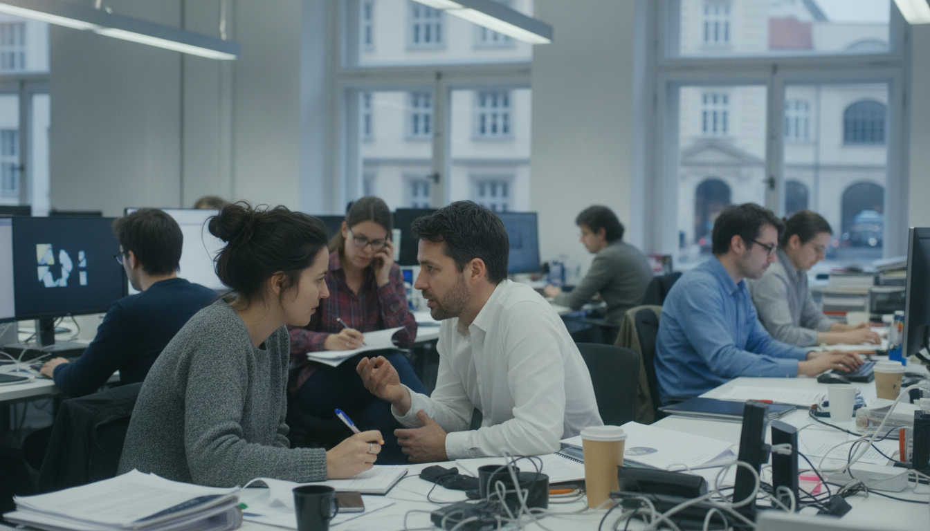 a busy editorial floor with several people at desks, one taking notes during a phone call