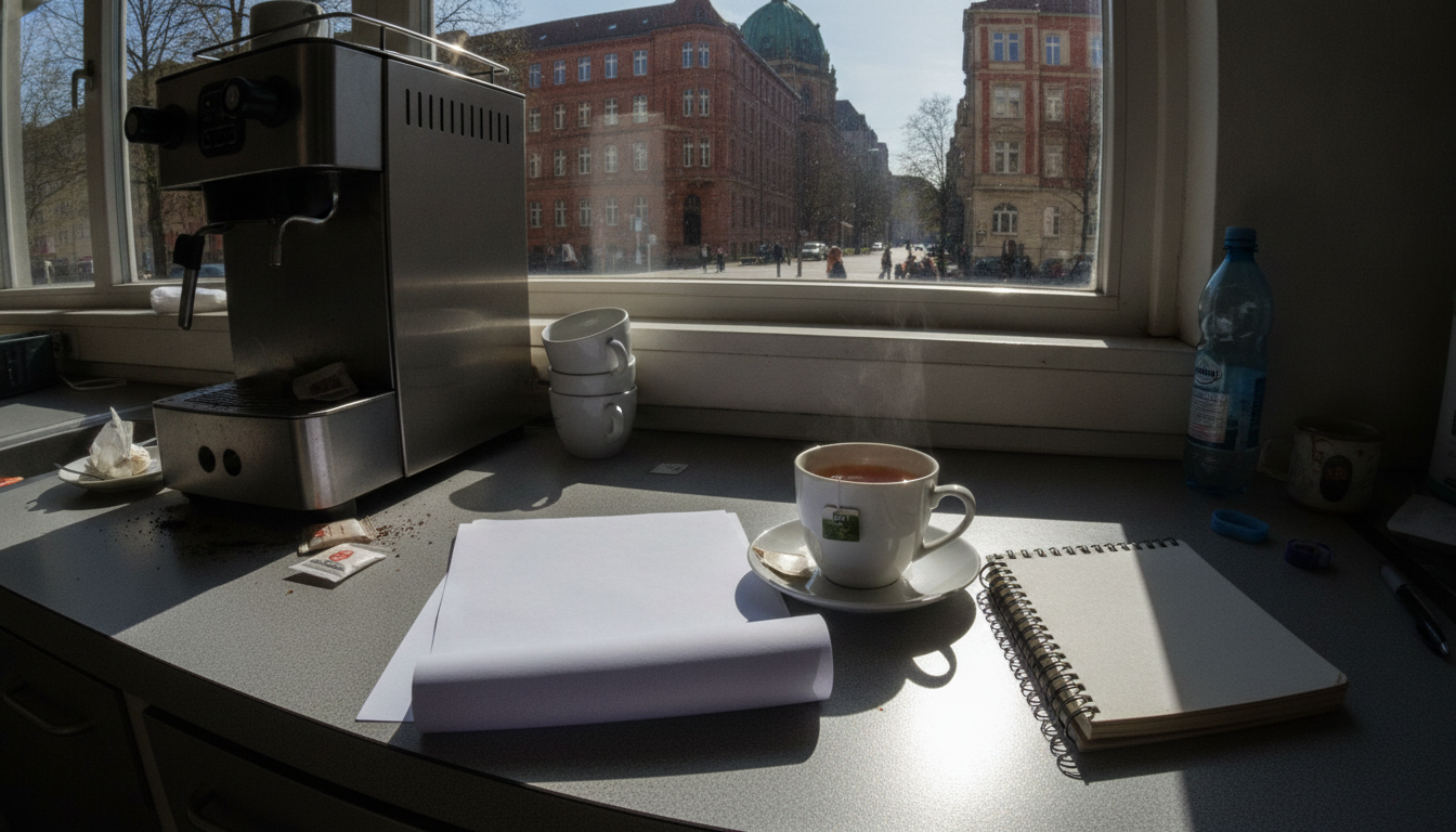 a printed document beside a cooling cup of tea and a spiral notebook on a desk