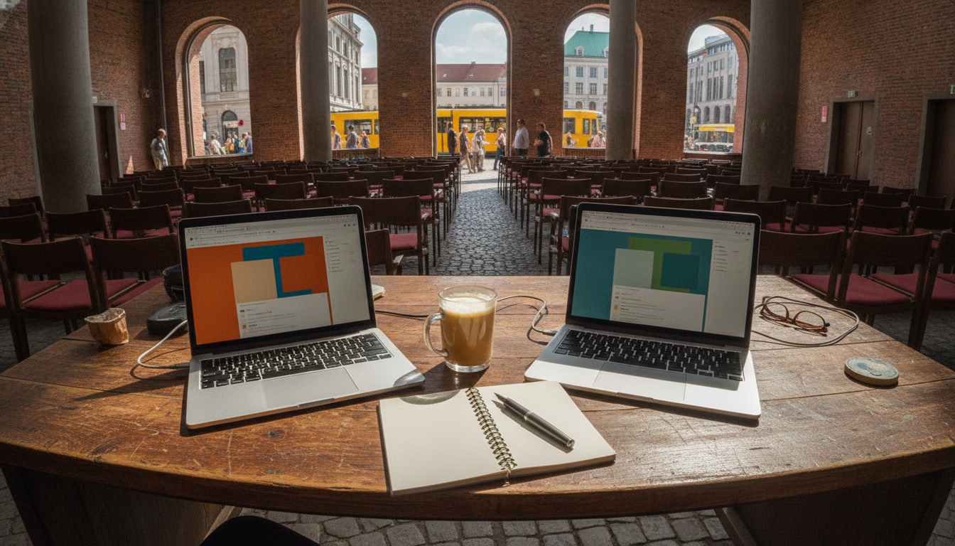 Two laptops open side by side on a wooden desk, each showing a different blog's colour scheme, with a notebook and a glass of chai between them