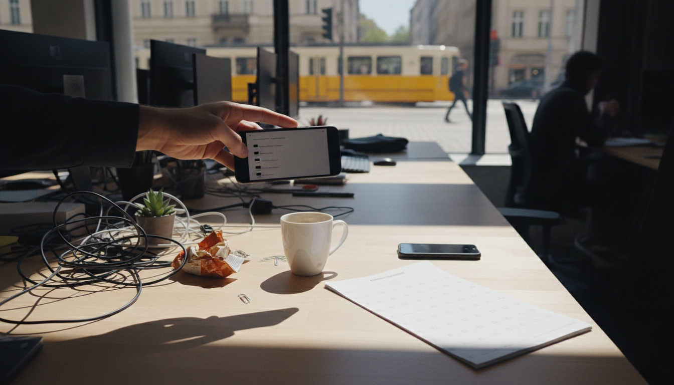 A hand holding a phone above a desk showing a list of unanswered audience comments, next to a printed calendar and a coffee cup