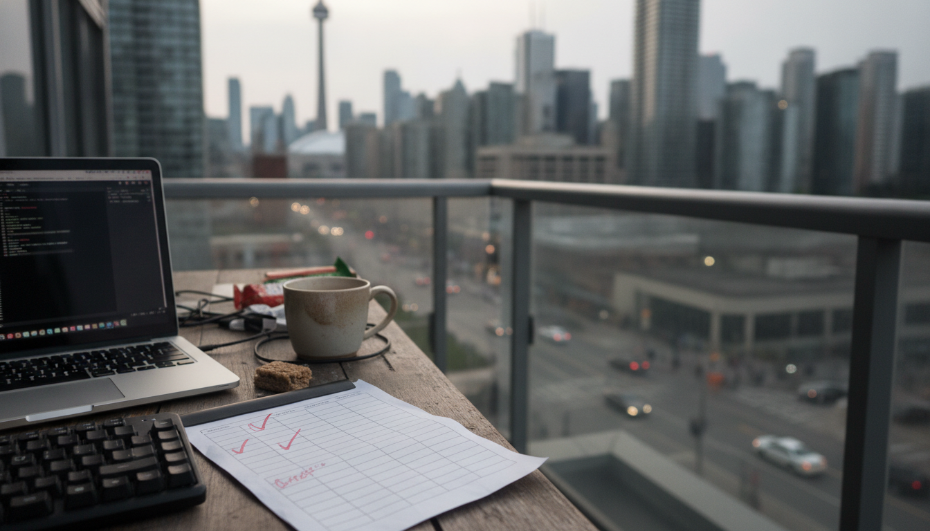 A laptop with an open terminal beside a printed checklist of database tables with several lines ticked in red pen
