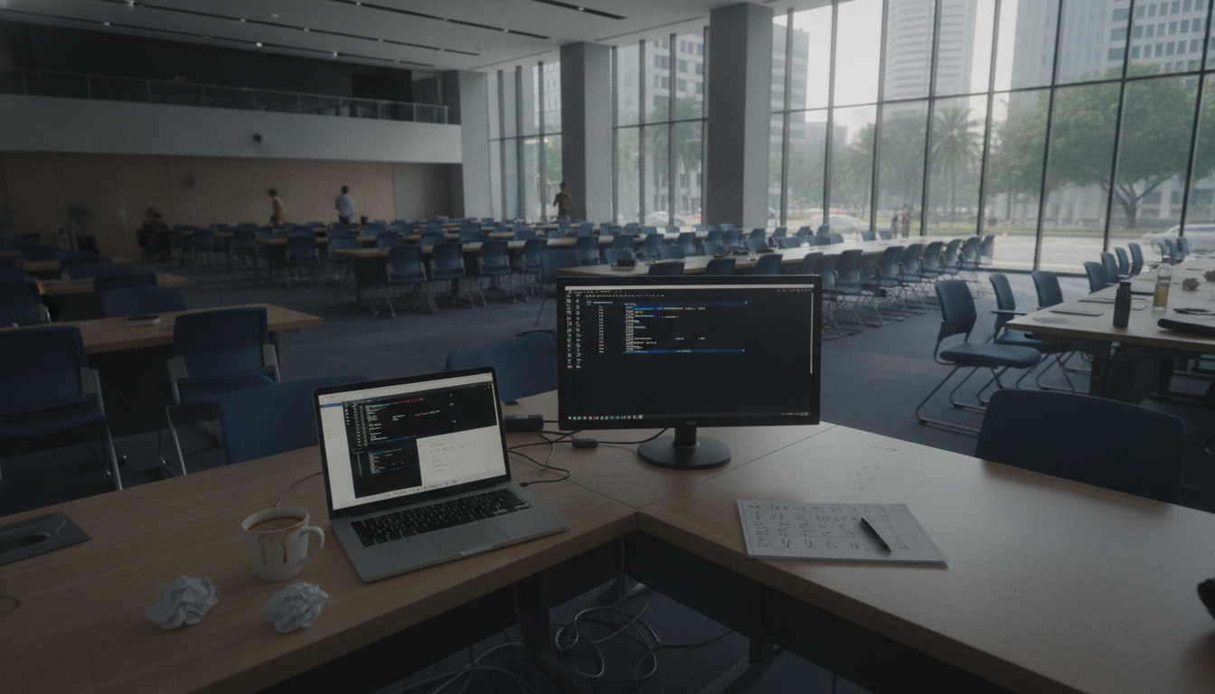 A desk set up for a live code-review exercise, with a laptop showing a split-screen diff, a terminal on a second monitor and a printed rubric sheet