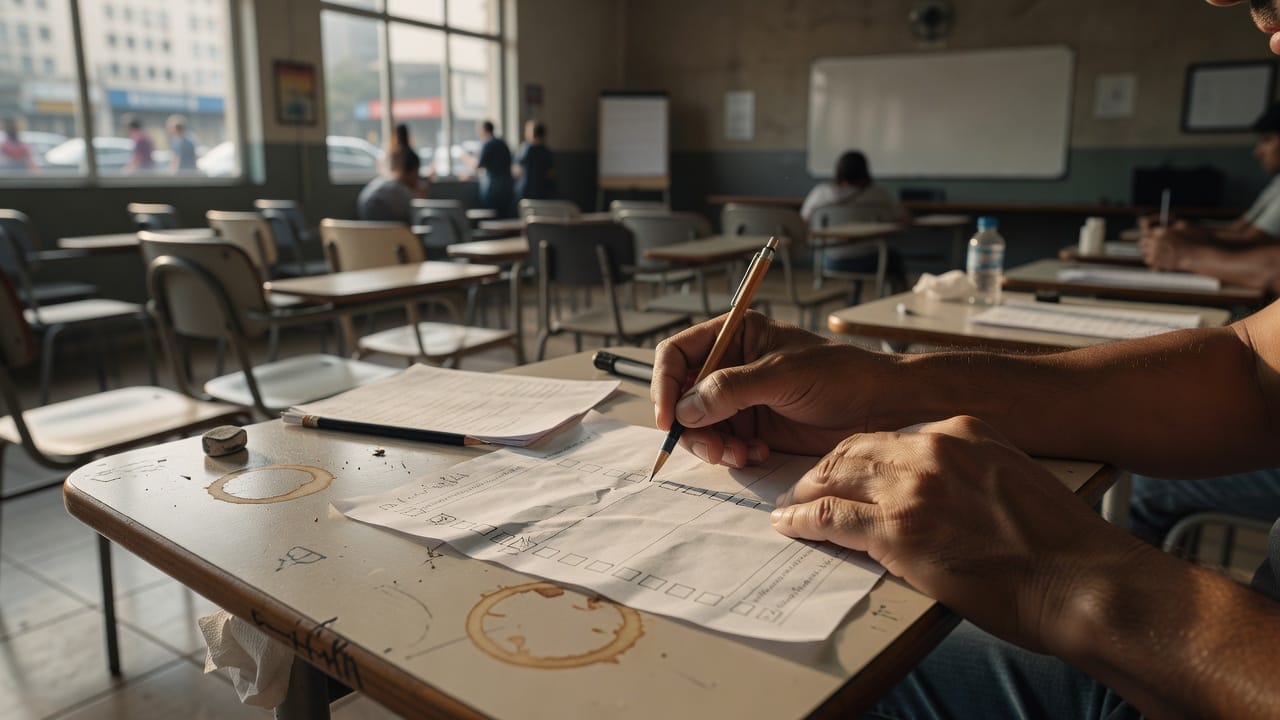 Pencil-marked evaluation sheet and mechanical pencil on a wooden desk