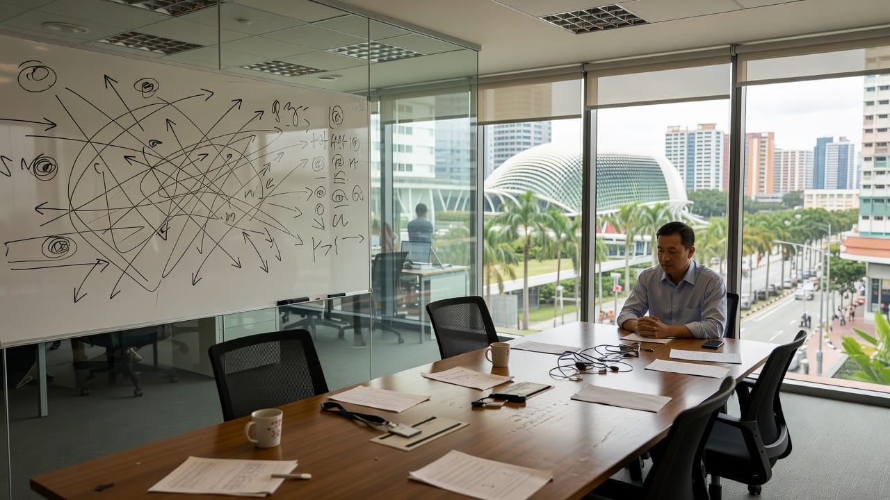 Daylit glass meeting room with a whiteboard of arrows and an empty chair