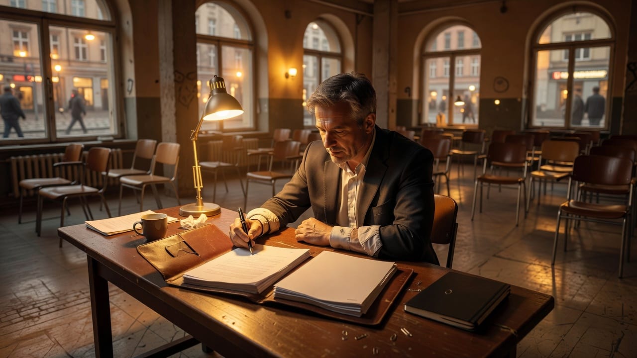 Leather folder of papers, fountain pen and closed notebook on a dark wood table