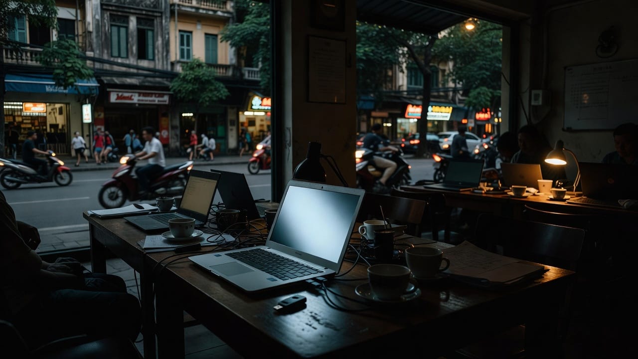 After-hours workstation with a half-closed glowing laptop and a USB key on the desk