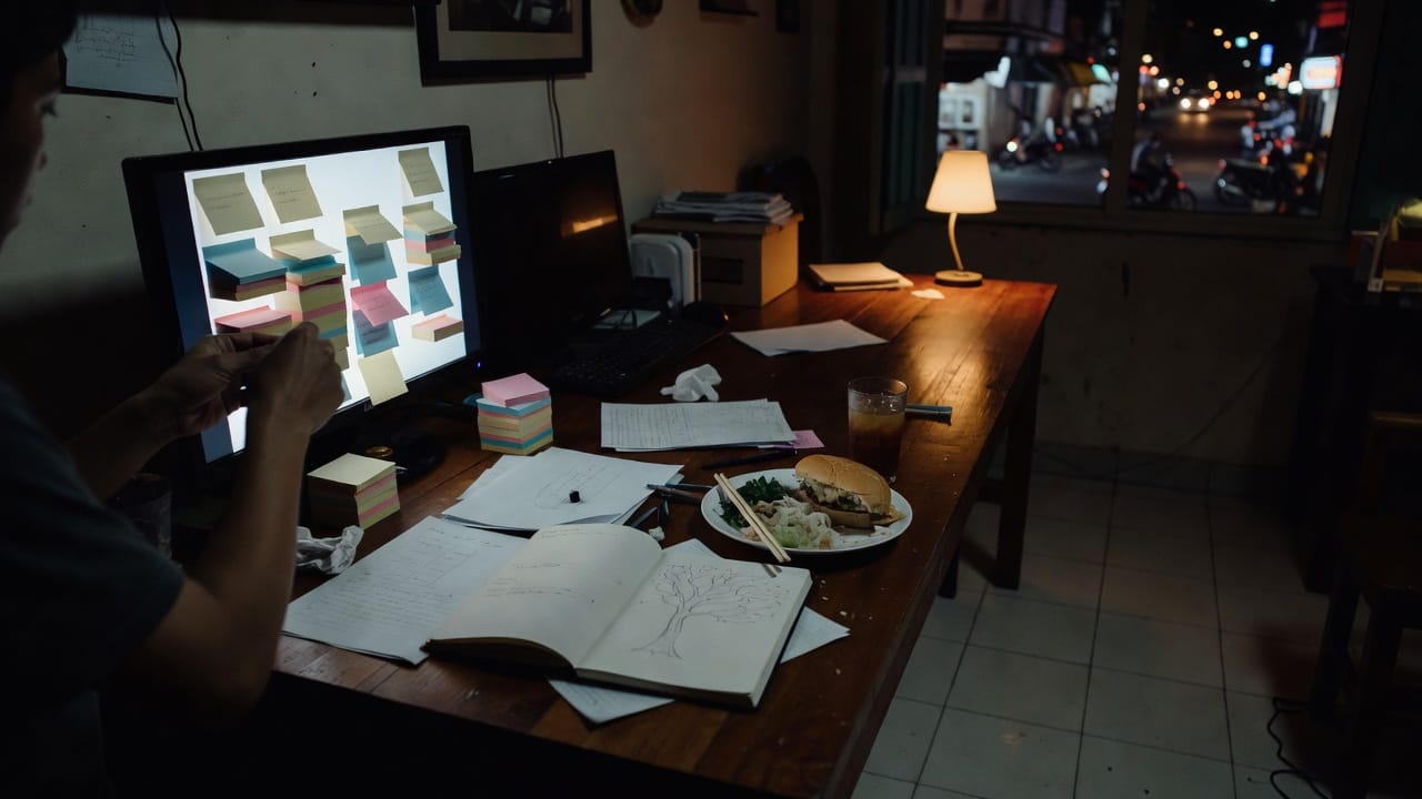 Night desk with sticky notes being arranged into columns beside a glowing monitor