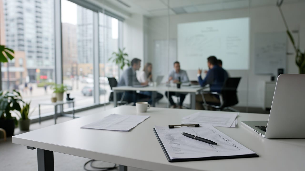 Clipboard checklist and black pen on a white desk with a laptop corner in soft blur