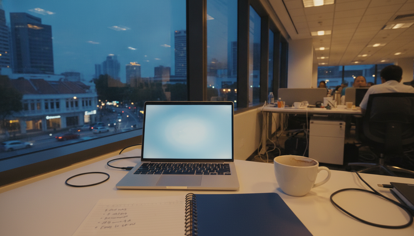 An evening desk beside a window with an open laptop, a coffee cup, a notebook showing a short handwritten list of steps, and a coiled USB-C cable