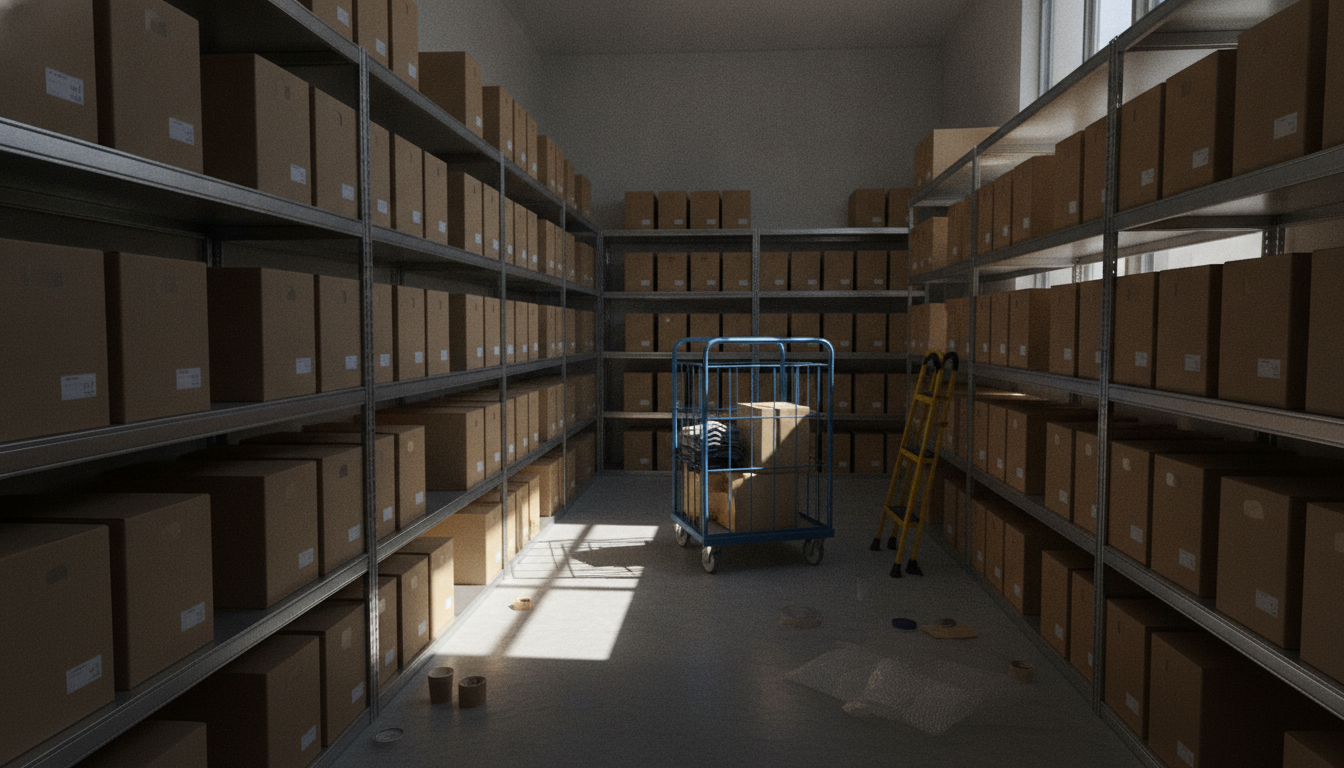 Open shelving in a small store's stock room holding stacked garment boxes, with a half filled picking trolley in the aisle