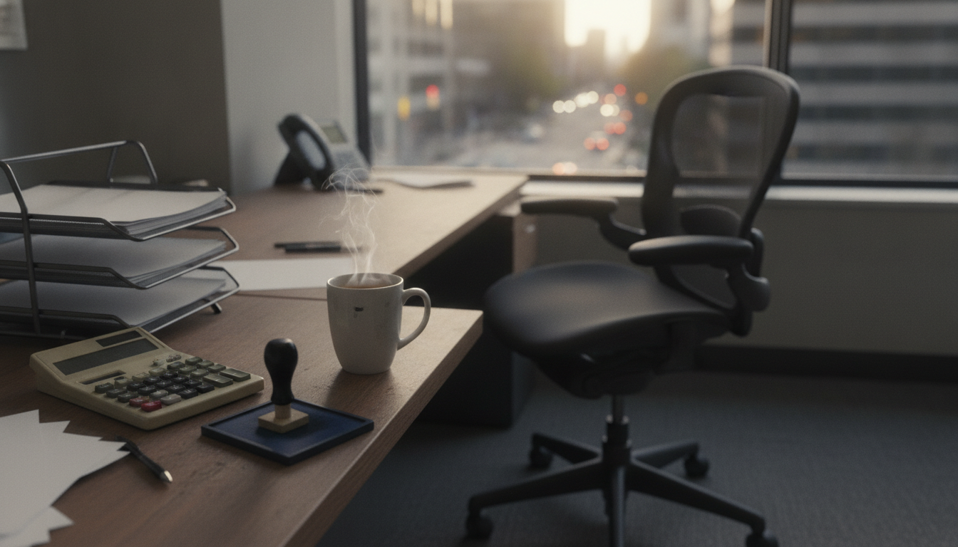An empty finance desk after hours with wire paper trays, a desk calculator, a rubber stamp and a cooling cup of tea