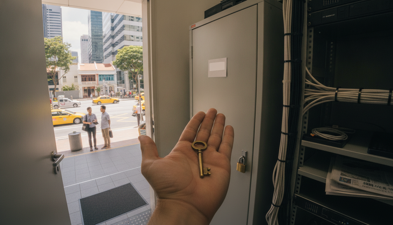 A single brass key on an open palm at the door of a small server room, with a locked equipment cabinet and cable runs behind