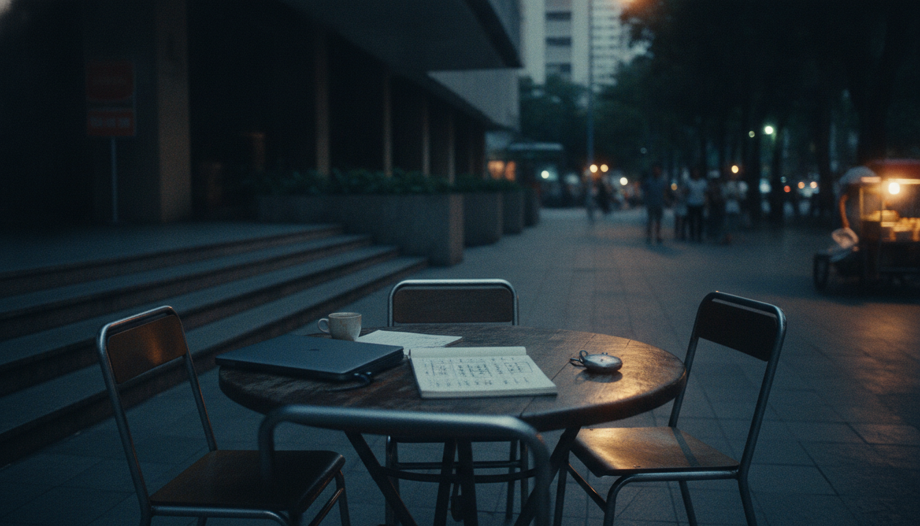 An empty planning table at night with an open notebook of hand-drawn boxes and tally marks, a stopwatch, a coffee cup and a closed laptop