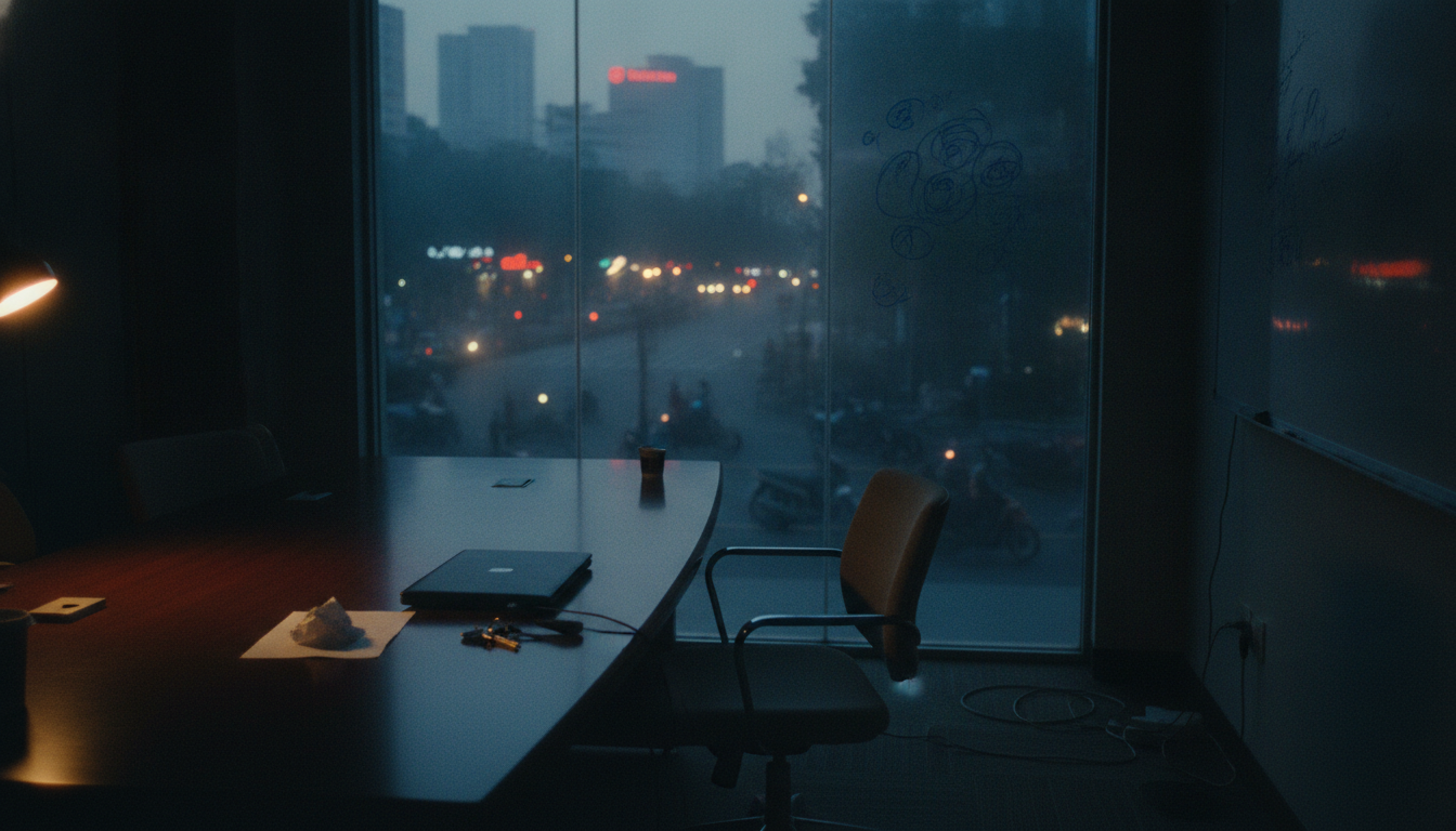 A printed page and a set of keys left on a desk beside a closed laptop in a dark office, one lamp still on