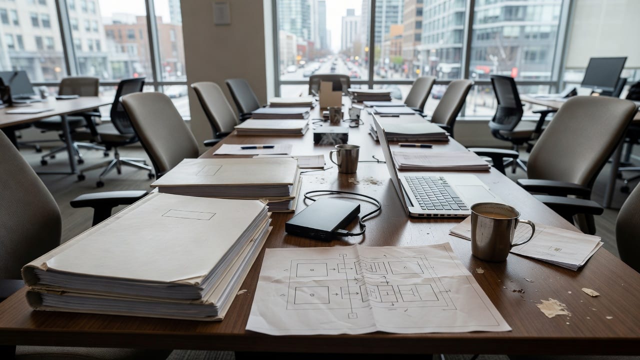 Stacks of bound handover binders, an external hard drive, a printed architecture diagram and a steel cup of tea on a conference table beside an open laptop