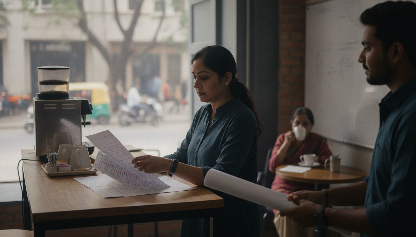 a founder at a standing desk reading a printed article draft covered in red pen marks