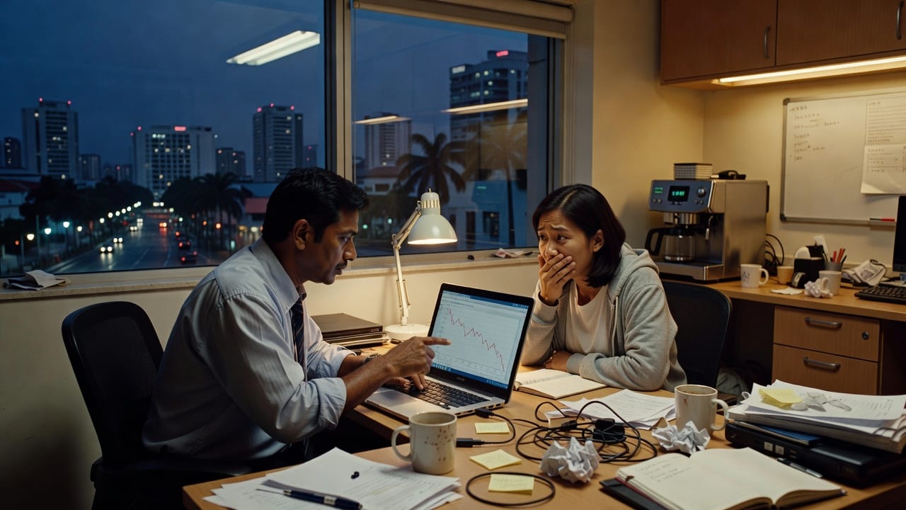 Two engineers at a night office window staring at a laptop after an unexpected API bill