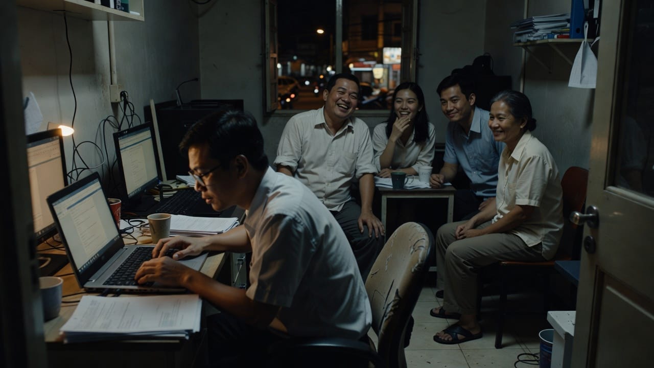 Security engineer in a dark room working at a laptop lit only by the screen