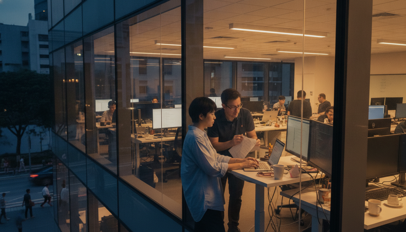Two colleagues at a standing desk in the evening, one typing at a laptop terminal while the other holds a printed checklist and leans in to check a step before approving it
