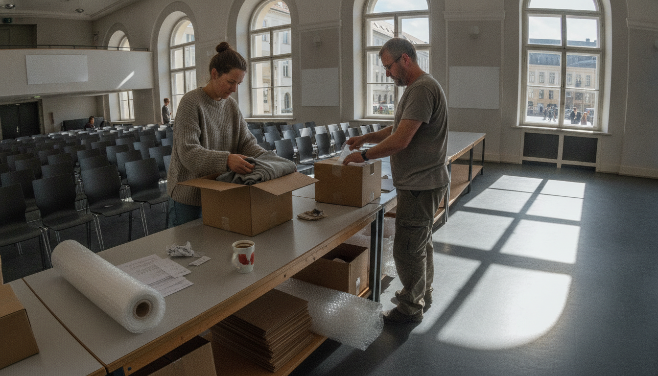 Two workers at a packing bench in a small online store's back room, one folding a garment into a carton and one taping a sealed parcel