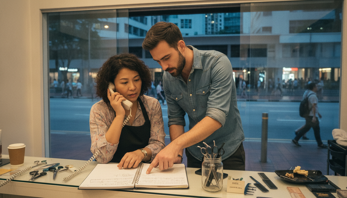 A salon receptionist on the telephone with one hand on an open paper appointment diary while a stylist leans in and points at a line in it