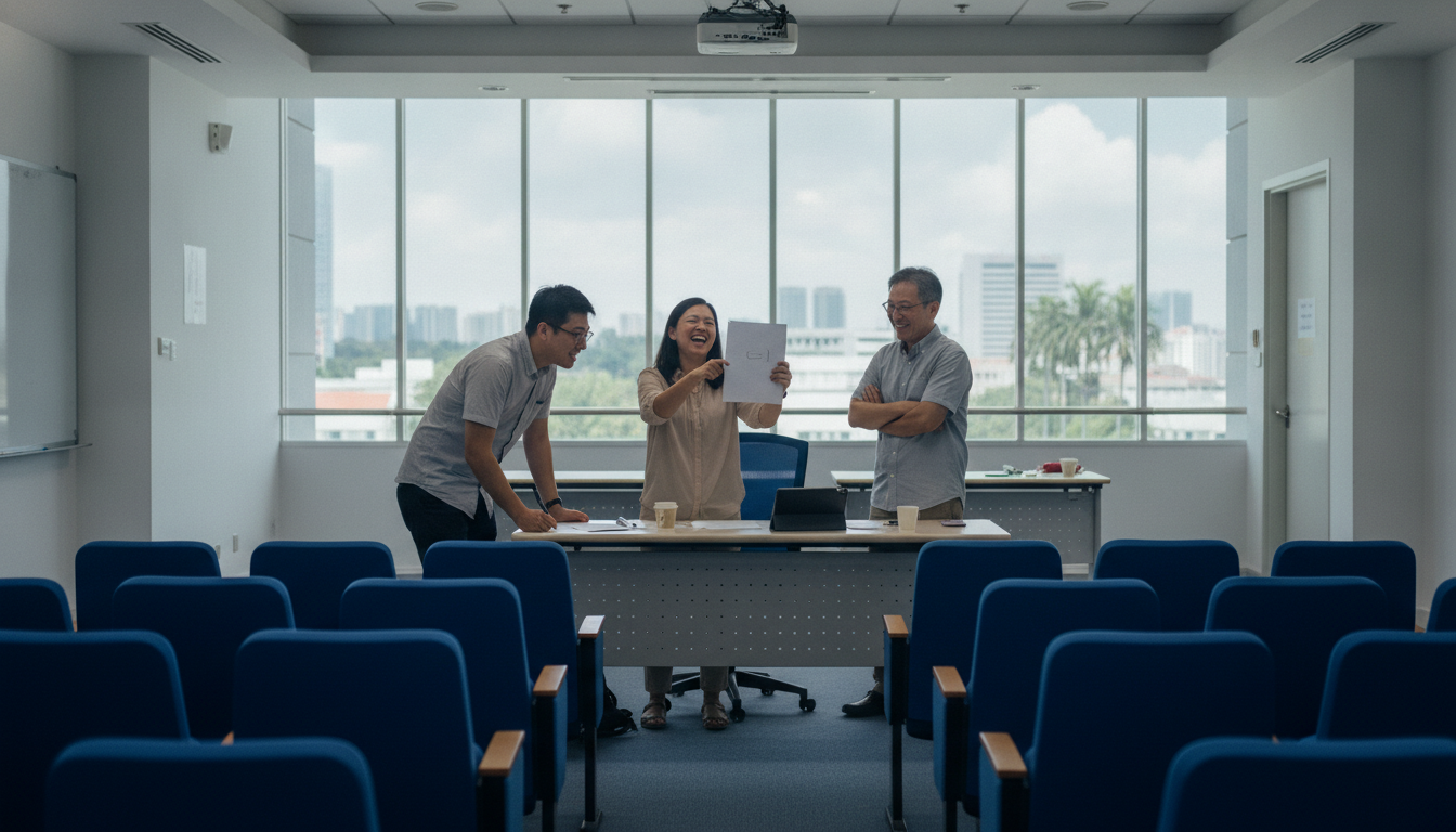 Three colleagues standing at a desk in an office, one pointing at a sheet of paper while another holds a pen and a third waits to agree