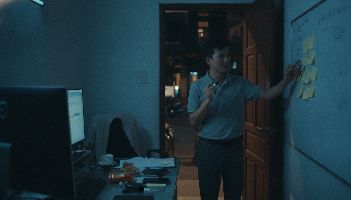 A founder with a marker and a developer holding a laptop talk at a whiteboard covered in blank sticky notes in a dim office at night