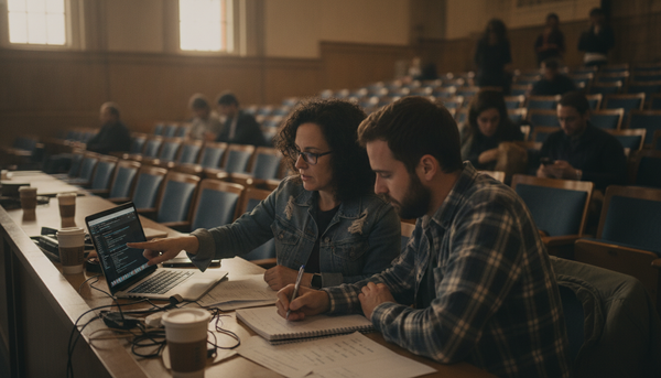 Two engineers at a desk reviewing database policy code on a laptop while one writes SQL notes on a pad