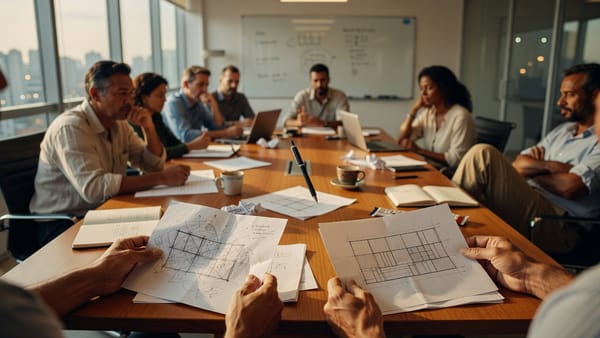 Hands holding two architecture sketches over a conference table, choosing between them