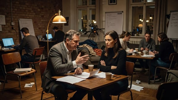 Founder and partner reviewing a printed due-diligence packet in a dim lounge