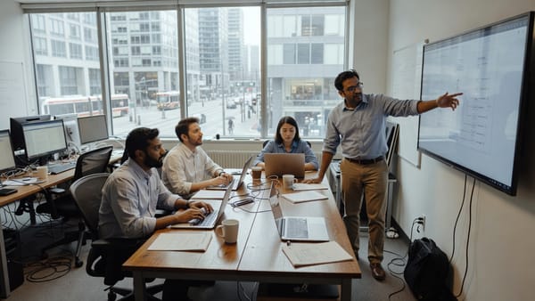 An engineer standing at a large wall display points at a system diagram while three colleagues with laptops follow along at a long meeting table